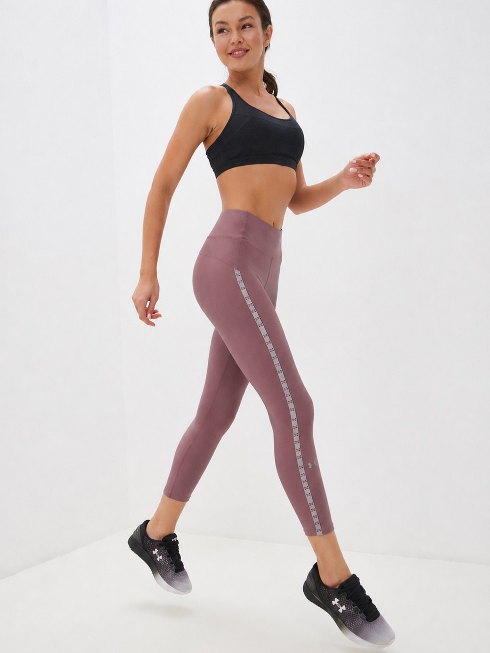 Under Armour HeatGear Pink Compression Leggings Logo Tape Athleisure